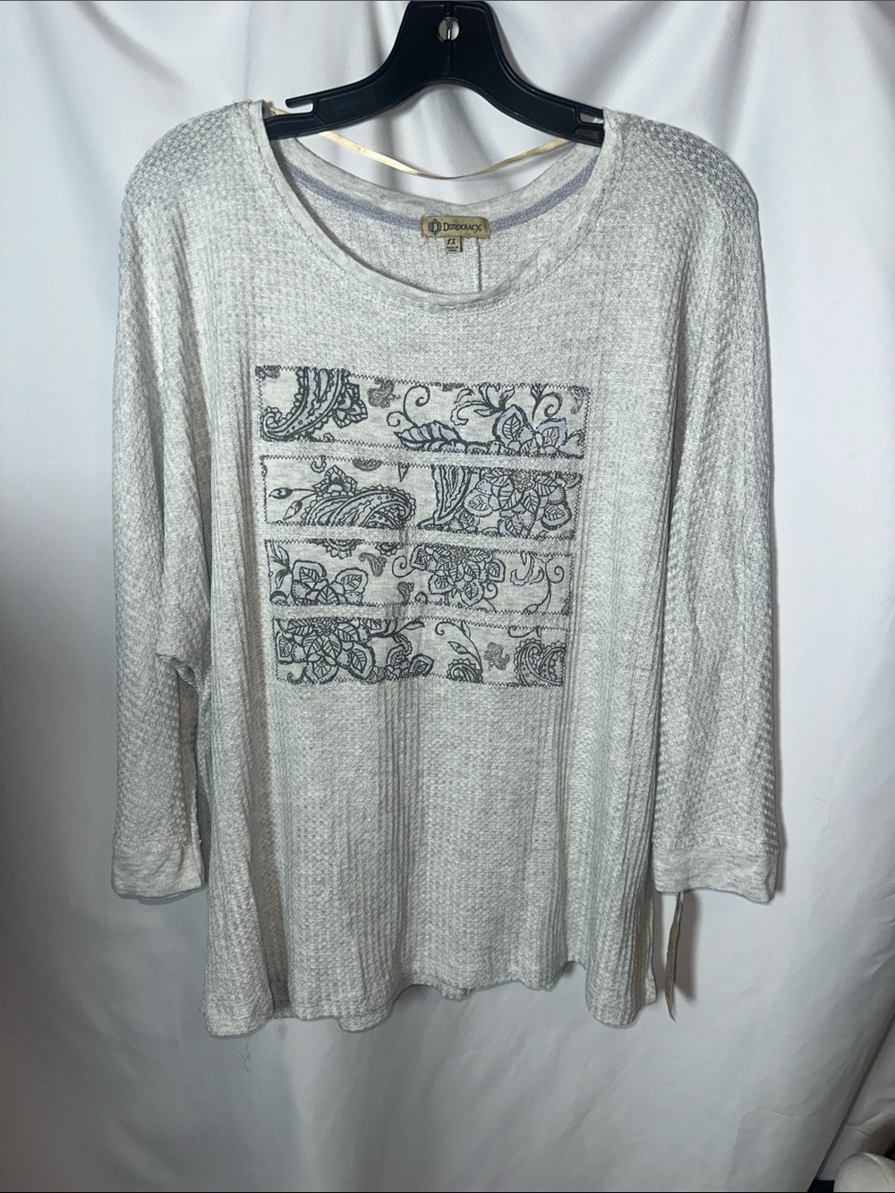 Democracy Light Gray Waffle Knit Long Sleeve Top with Paisley Print